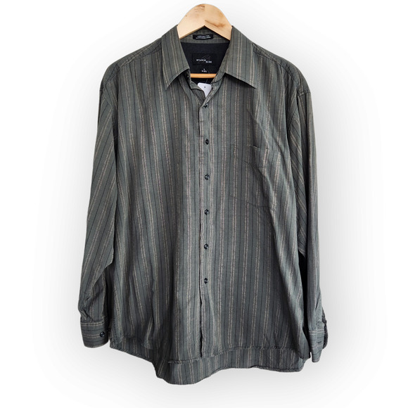 Vintage Bill Blass Green Striped Button Down Shirt Cotton L - Picture 1 of 8